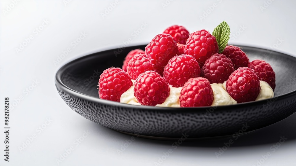 Raspberries with cream on a black plate on a white background, isolated Raspberries with cream on a black plate on a white background, isolated
