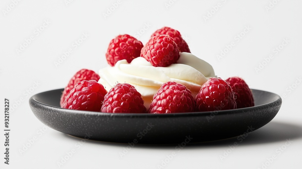 Raspberries with cream on a black plate on a white background, isolated