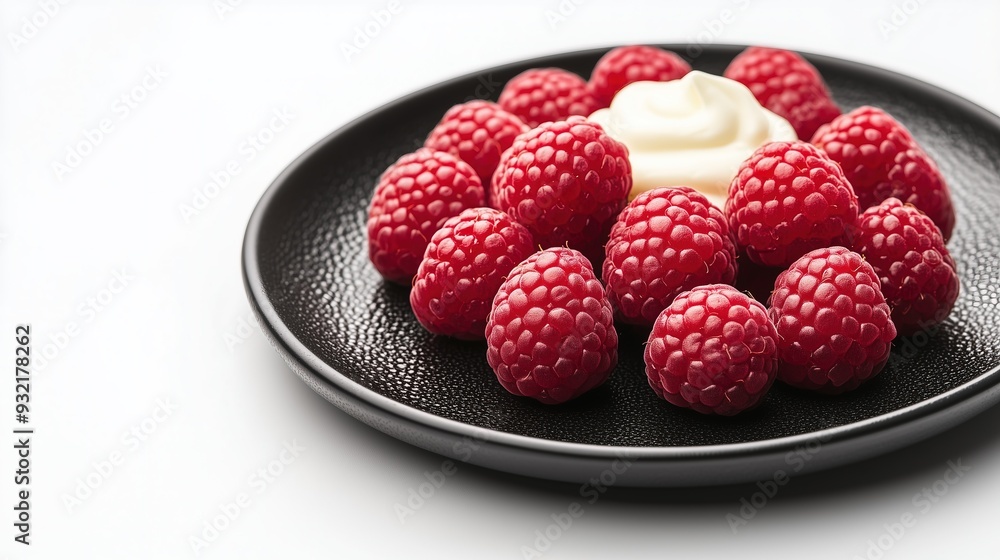 Raspberries with cream on a black plate on a white background, isolated Raspberries with cream on a black plate on a white background, isolated