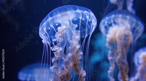 A deep water jellyfish gracefully floats in a serene blue ocean environment