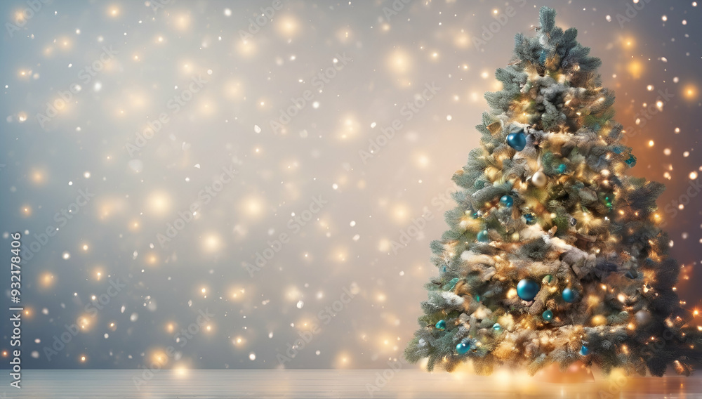 Christmas tree with Christmas decoration on background with golden glittering ornaments, Generative AI Christmas tree with Christmas decoration on background with golden glittering ornaments, Generative AI