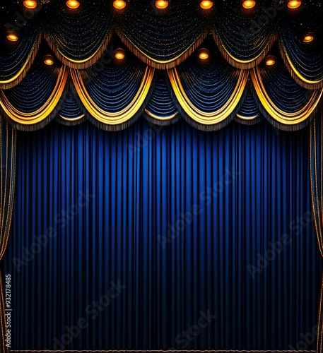 Luxurious blue and gold stage setup with elegant draped curtains and warm lighting