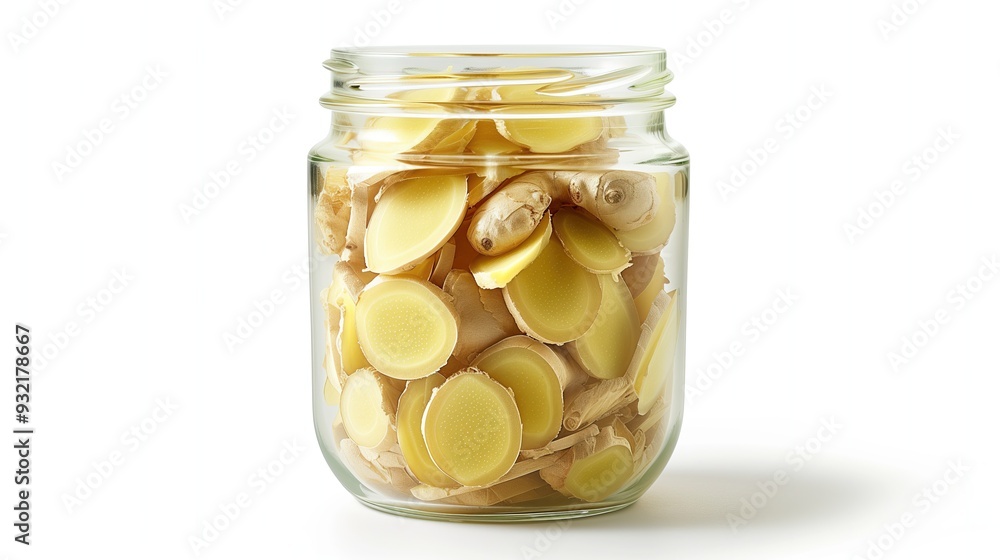 Fresh sliced ginger in a glass jar on a white background, isolated Fresh sliced ginger in a glass jar on a white background, isolated