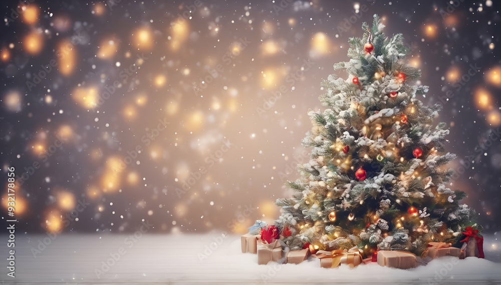 Christmas tree with Christmas decoration on background with golden glittering ornaments, Generative AI Christmas tree with Christmas decoration on background with golden glittering ornaments, Generative AI