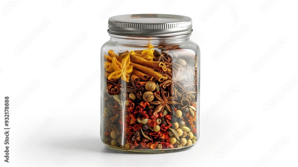 A mixture of spicy spices in a glass jar on a white background, isolated A mixture of spicy spices in a glass jar on a white background, isolated