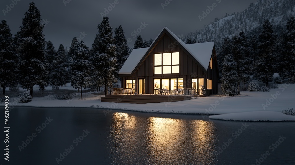 The cabin glows warmly in a snowy mountain setting, surrounded by tall trees, creating a tranquil winter atmosphere as evening falls The cabin glows warmly in a snowy mountain setting, surrounded by tall trees, creating a tranquil winter atmosphere as evening falls