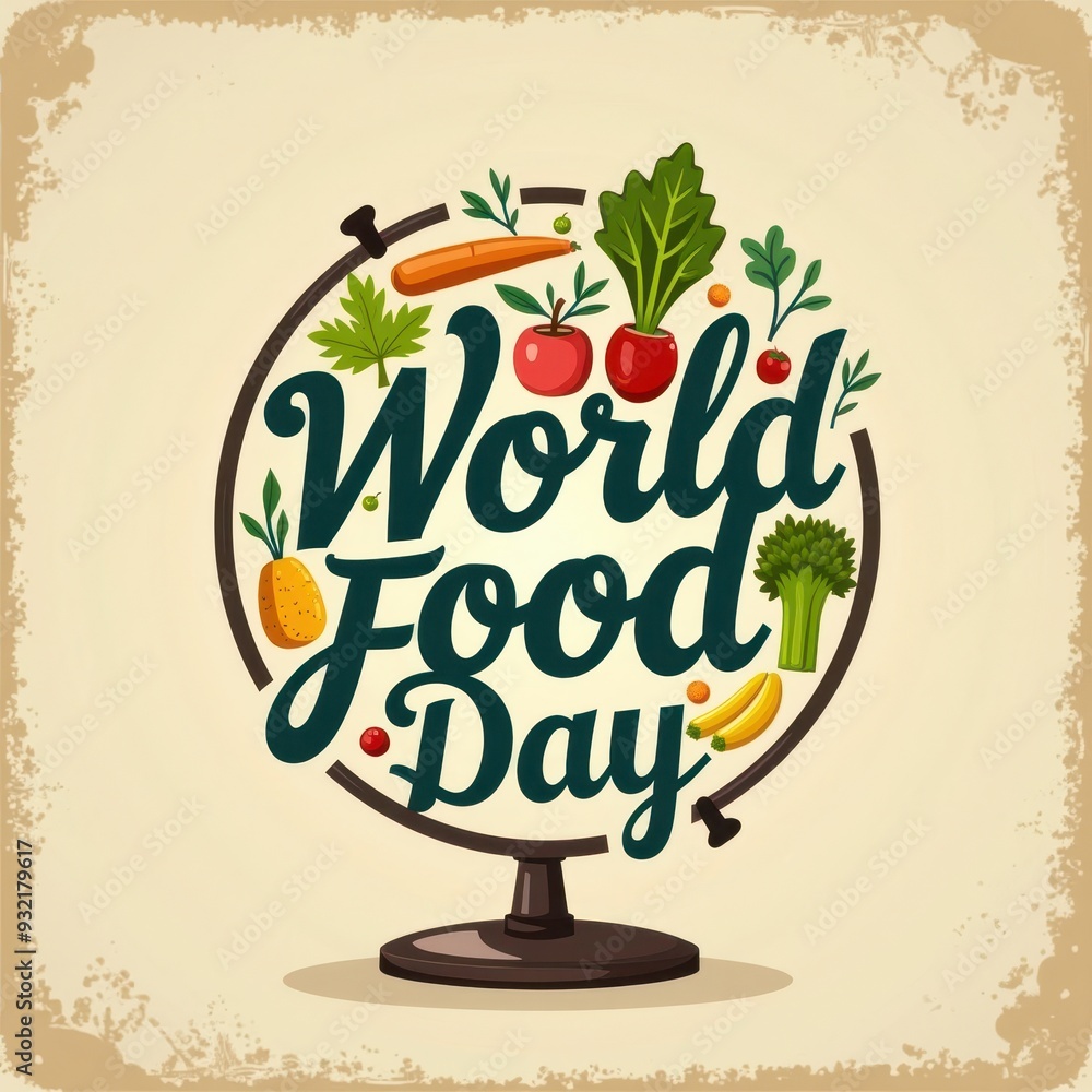 Naklejka premium World Food Day illustration featuring vegetables and fruits around a globe design