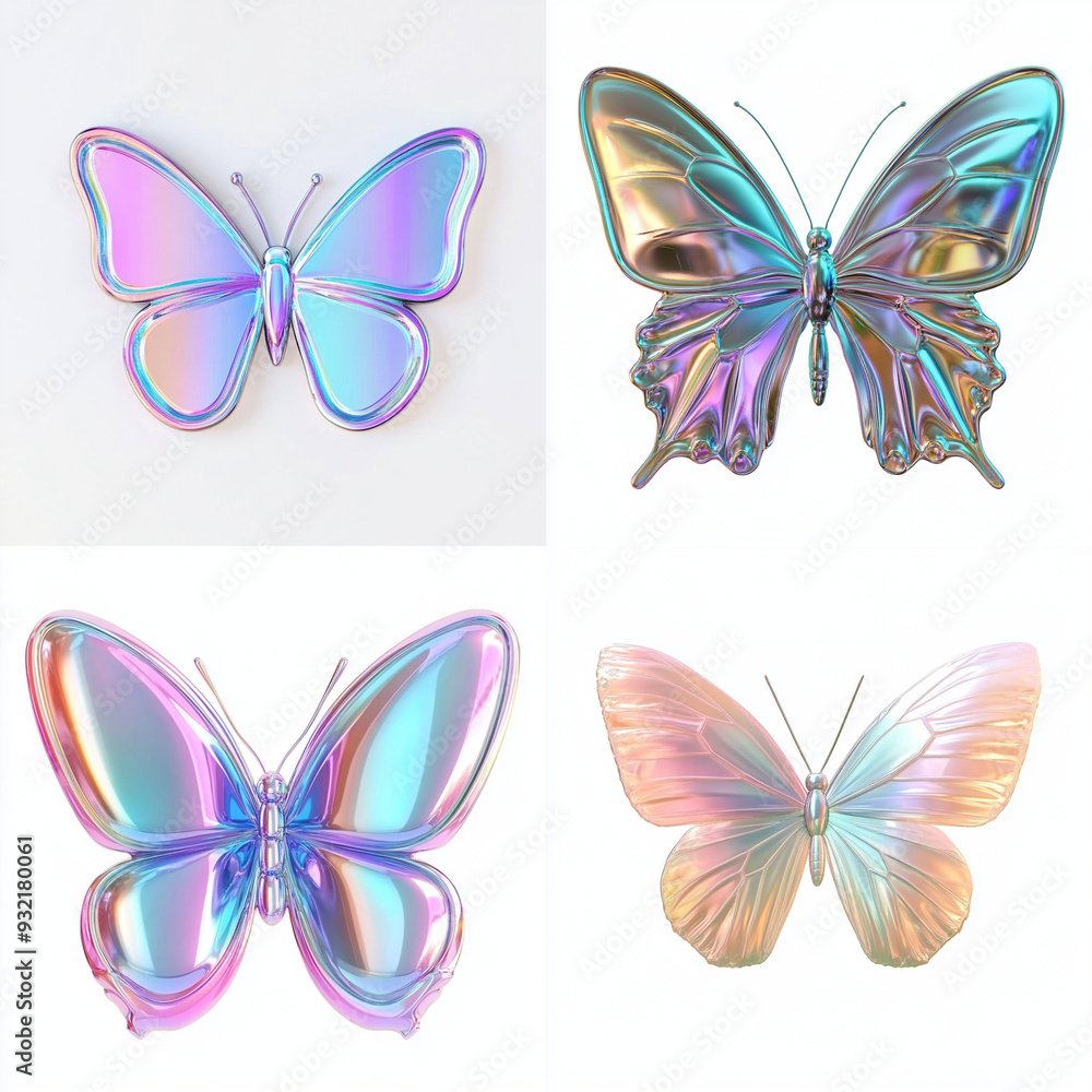 metallic chrome Y2K butterflies set on white background metallic chrome Y2K butterflies set on white background