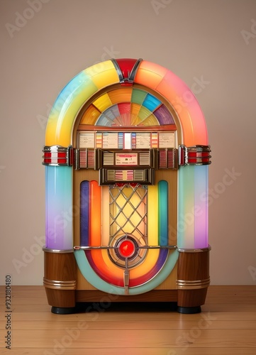 A colorful vintage jukebox with a retro design, featuring a curved top, rainbow-colored lights, and various buttons and knobs. The jukebox is set against a plain beige background, highlighting 