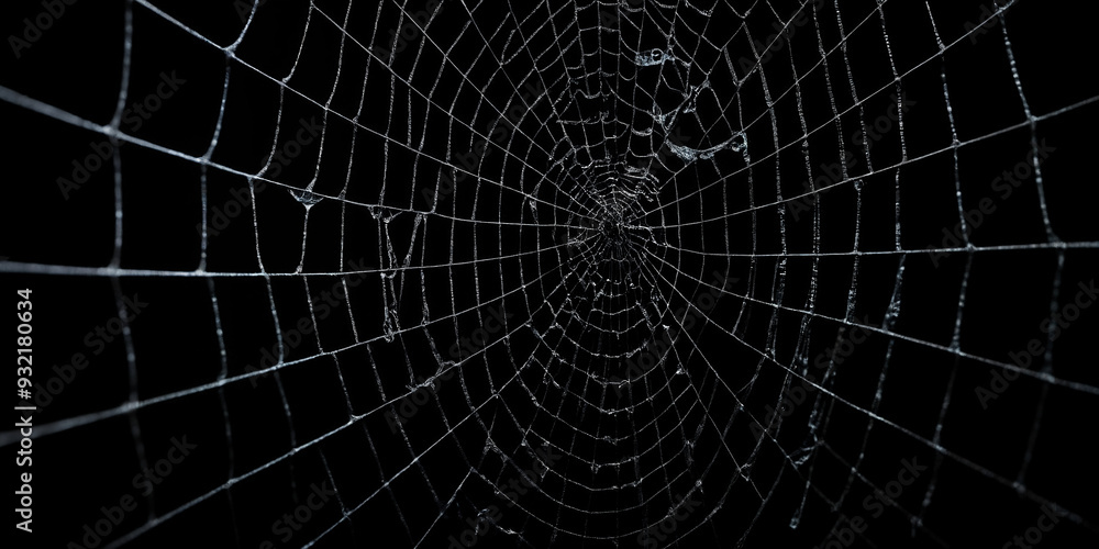 Naklejka premium Zentral ausgerichtete Nahaufnahme eines Spinnennetzes mit unregelmäßigen Fäden und Löchern, die die natürliche Zerbrechlichkeit und die handwerkliche Komplexität der Struktur betonen