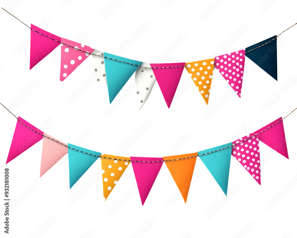 Colorful festive bunting flags hanging on string, perfect for party decorations or celebratory occasions. Colorful festive bunting flags hanging on string, perfect for party decorations or celebratory occasions.