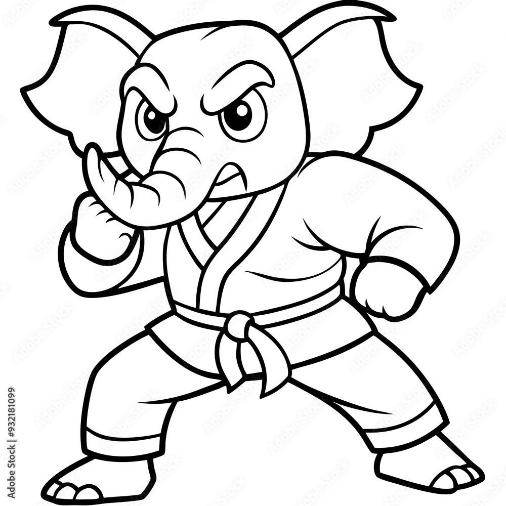 Fototapeta premium Angry Karate elephant White Background line art vector illustration