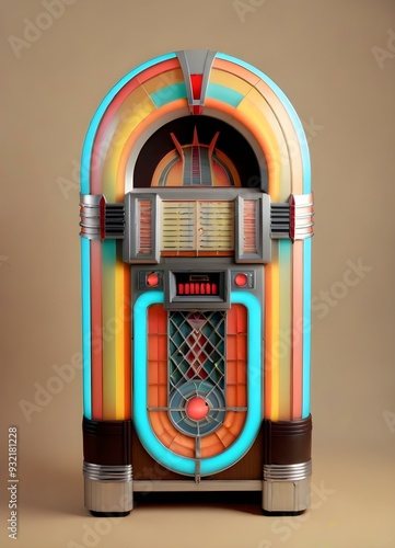 A colorful vintage jukebox with a retro design, featuring a curved top, rainbow-colored lights, and various buttons and knobs. The jukebox is set against a plain beige background, highlighting its bol