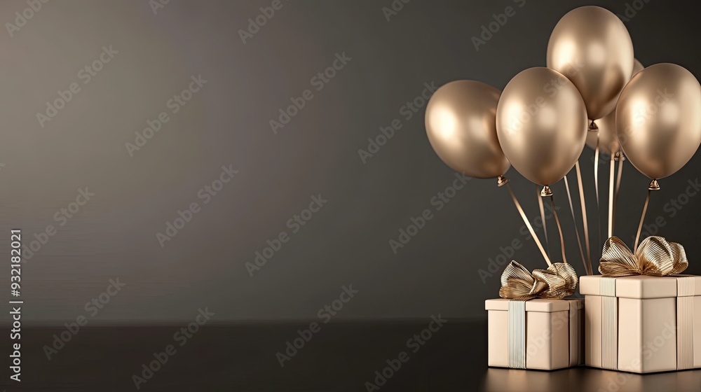 Festive golden gift boxes and balloons adorn a sleek black background, creating a vibrant yet elegant space perfect for celebrations and special occasions Festive golden gift boxes and balloons adorn a sleek black background, creating a vibrant yet elegant space perfect for celebrations and special occasions