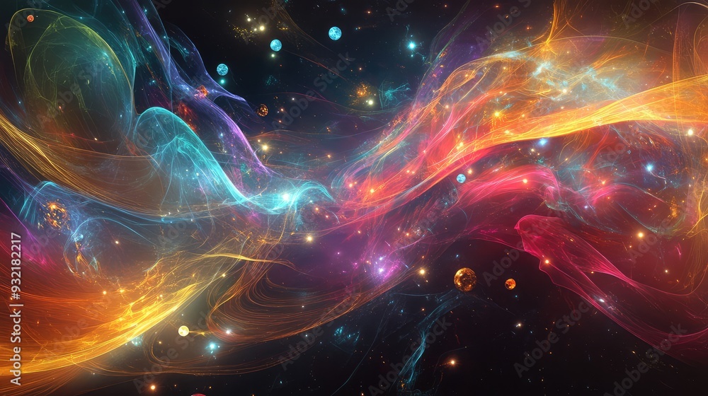 Abstract design featuring celestial bodies in motion with colorful trails and energy fields representing celestial flux. Abstract design featuring celestial bodies in motion with colorful trails and energy fields representing celestial flux.