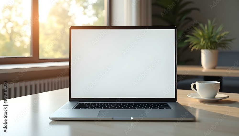 Fototapeta premium laptop lying open on a neat table, in the background natural light can be seen coming in through the window, laptop with blank screen on the table near the window, 