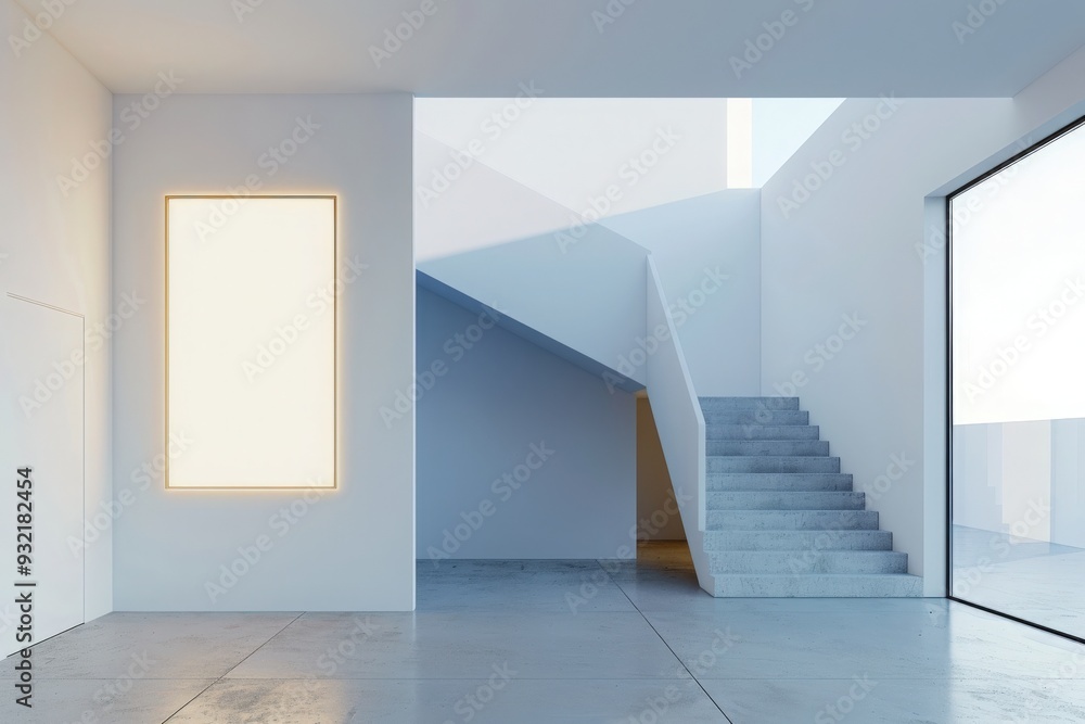 A modern open house layout showcases a stylish staircase and a bright, inviting space punctuated by a glowing wall. A modern open house layout showcases a stylish staircase and a bright, inviting space punctuated by a glowing wall.