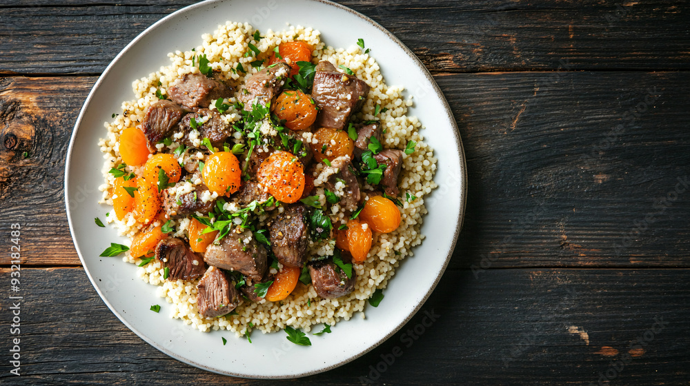 Savory beef stew with dried apricots and fluffy couscous, enhanced with fresh herbs for a delightful explosion of flavors Savory beef stew with dried apricots and fluffy couscous, enhanced with fresh herbs for a delightful explosion of flavors