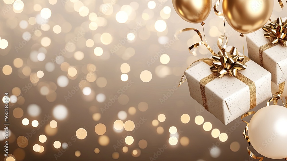 Festive golden gift boxes and balloons adorn a sleek black background, creating a vibrant yet elegant space perfect for celebrations and special occasions Festive golden gift boxes and balloons adorn a sleek black background, creating a vibrant yet elegant space perfect for celebrations and special occasions