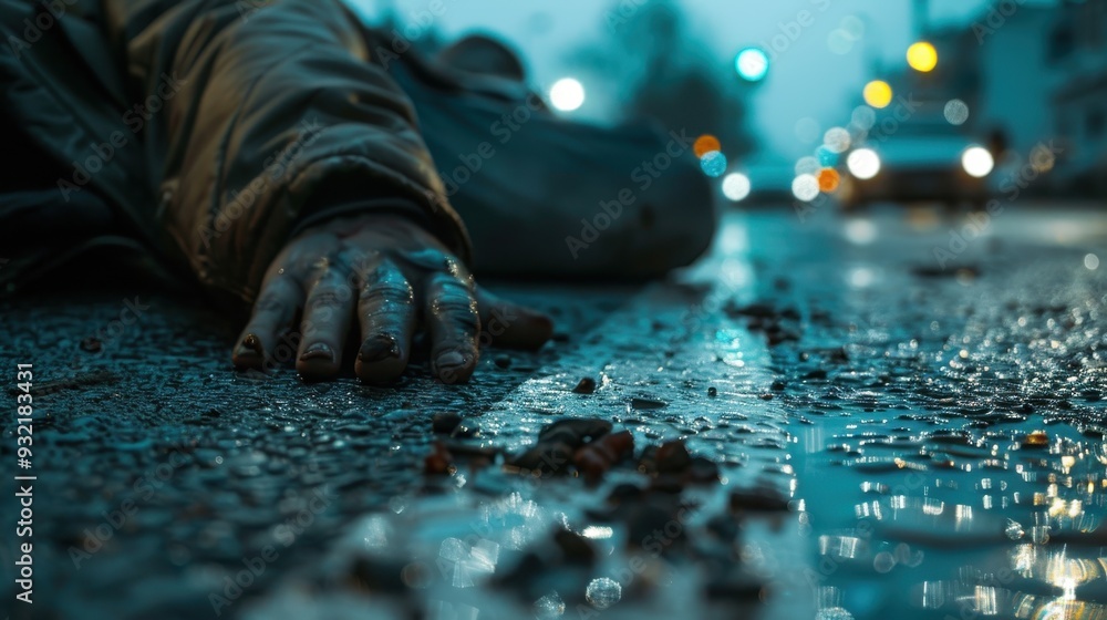 A distressed hand rests on a wet urban road as cars pass by in the dim light A distressed hand rests on a wet urban road as cars pass by in the dim light
