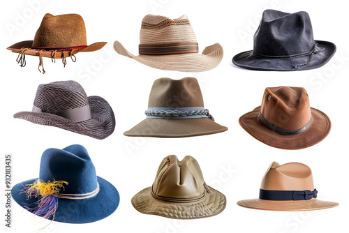 collection of various hats on white background