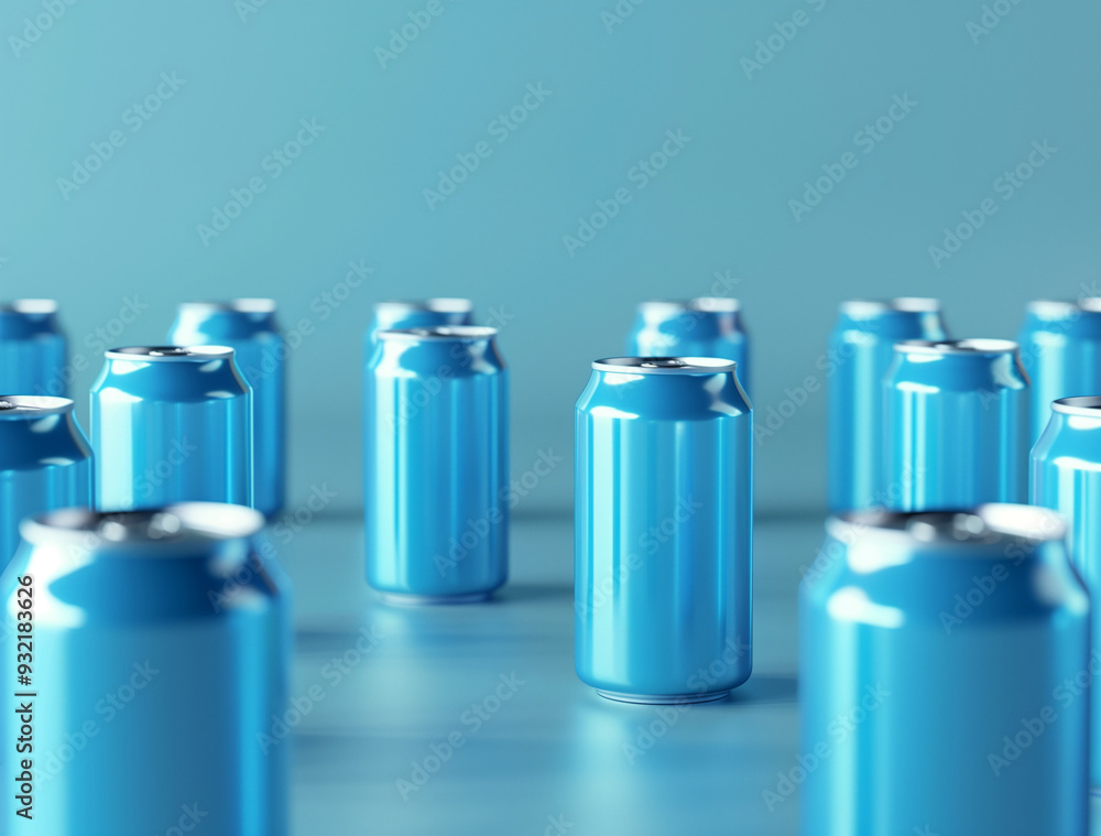 3D Rendering of Multiple Blue Soda Cans on a Blue Surface 3D Rendering of Multiple Blue Soda Cans on a Blue Surface