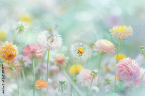 Abstract Pastel Flower Field with Dreamy Dandelions