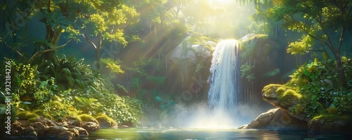 Sunlit waterfall cascades through lush green foliage in a serene jungle setting.