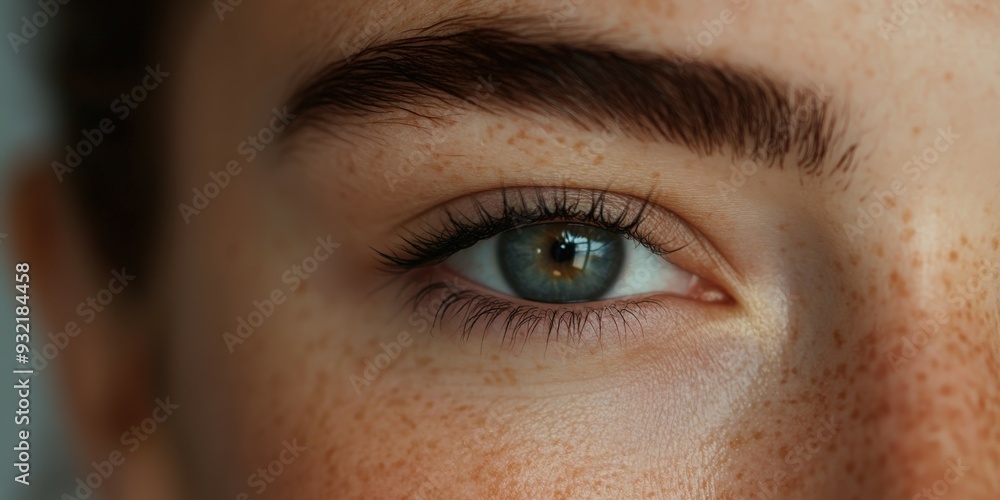 Close-up of a woman's eye showcasing freckles and clear blue iris Close-up of a woman's eye showcasing freckles and clear blue iris