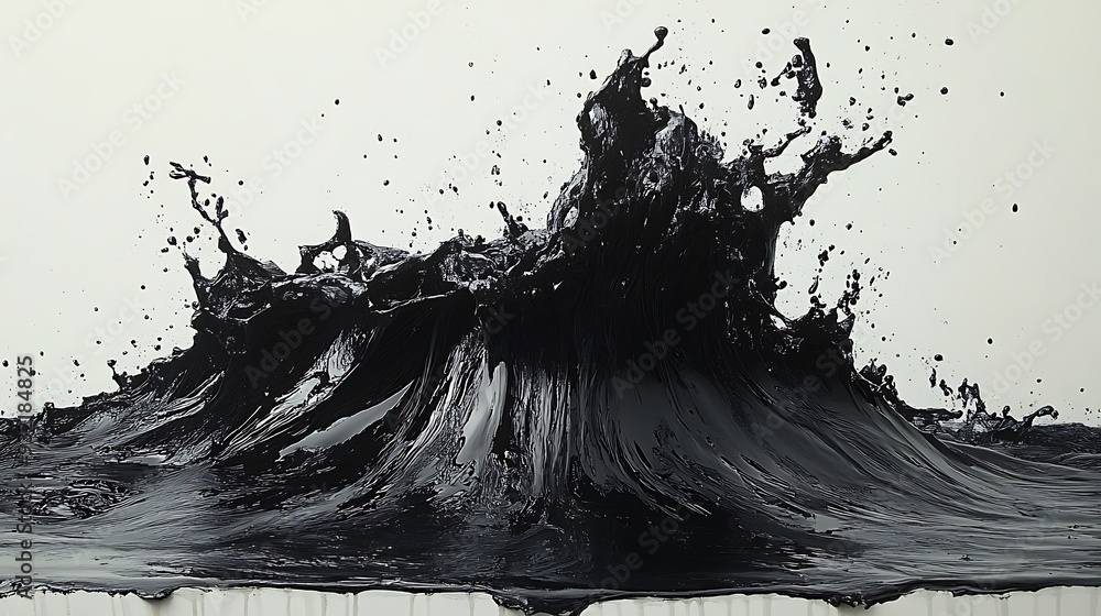 A dramatic black liquid splash, resembling a wave, creates a powerful visual. The splash is isolated against a white background, emphasizing its abstract form. A dramatic black liquid splash, resembling a wave, creates a powerful visual. The splash is isolated against a white background, emphasizing its abstract form.