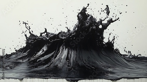 A dramatic black liquid splash, resembling a wave, creates a powerful visual. The splash is isolated against a white background, emphasizing its abstract form.
