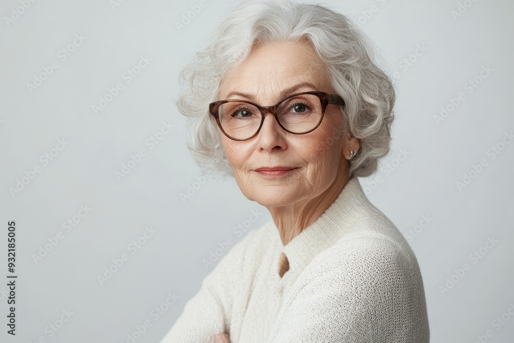 Confident Senior Woman with Glasses Looking at Camera - A confident senior woman with white hair, wearing glasses and a white sweater, looks directly at the camera. The image conveys strength, wisdom,