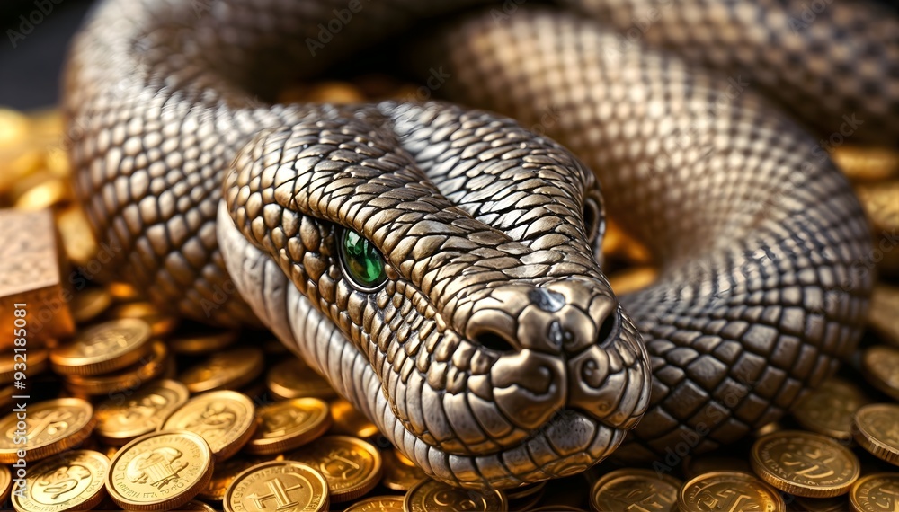 Fototapeta premium close up of a python withe gold coins 