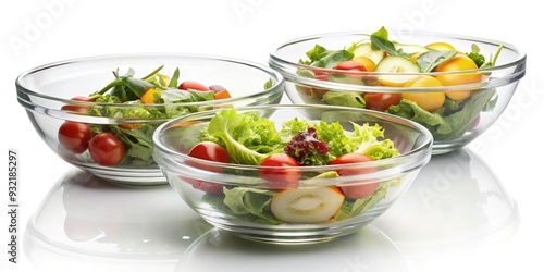 Clear glass salad bowls filled with fresh vegetables on a white background. Generative AI