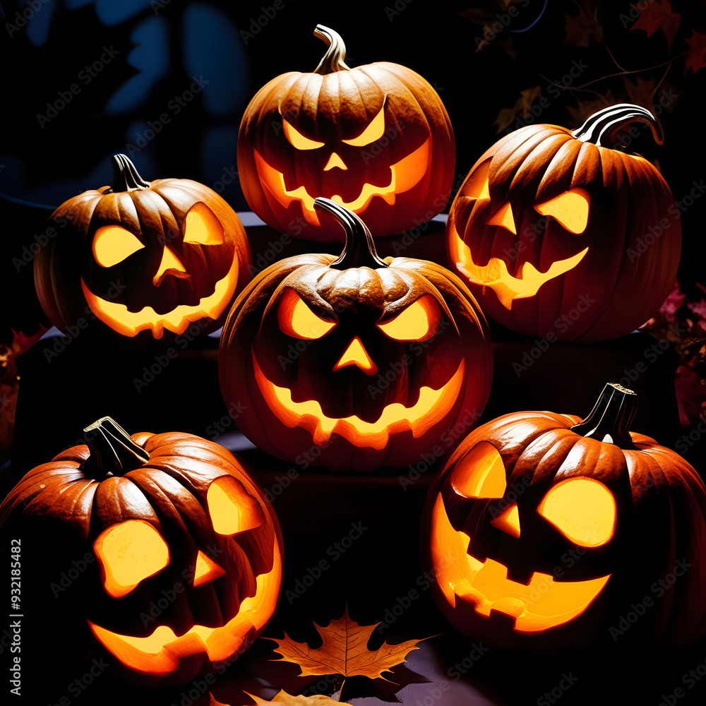 Glowing Jack-o'-Lanterns at Night Perfect Halloween Background Glowing Jack-o'-Lanterns at Night Perfect Halloween Background