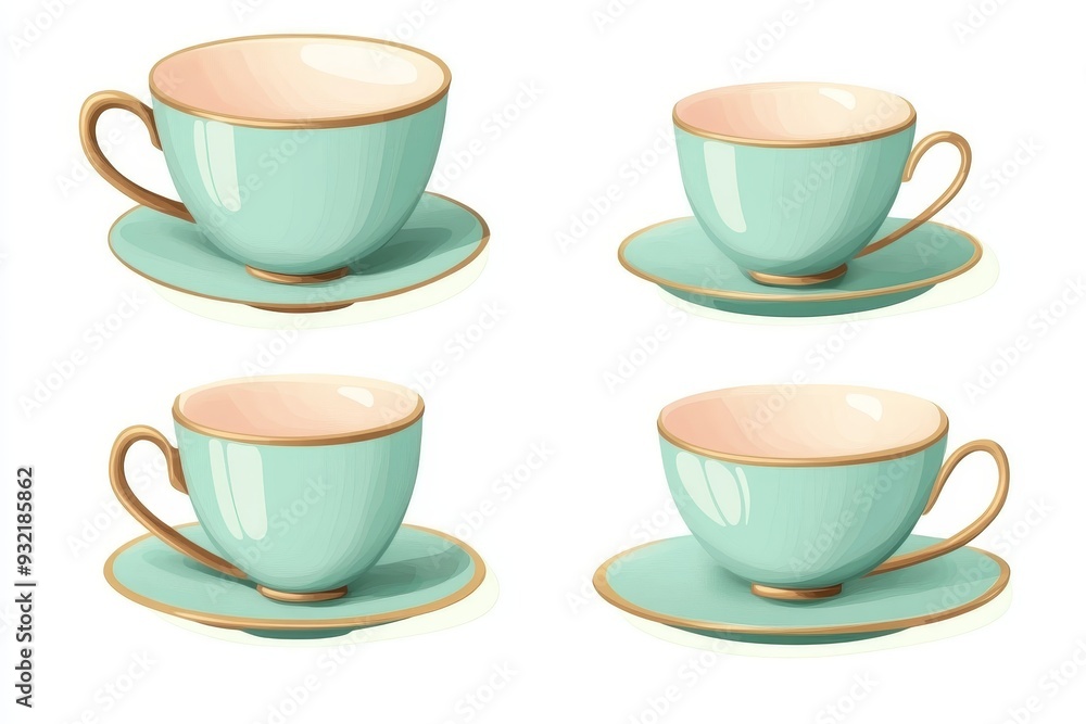 Elegant Mint Green Teacups and Saucers Set - A set of four elegant mint green teacups and saucers, perfect for a sophisticated tea party or afternoon tea. The cups and saucers are decorated with a del Elegant Mint Green Teacups and Saucers Set - A set of four elegant mint green teacups and saucers, perfect for a sophisticated tea party or afternoon tea. The cups and saucers are decorated with a del