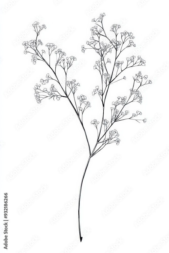 black and white transparent line drawing of a Babys Breath, white background, black and white transparent line drawing of a Babys Breath, white background,