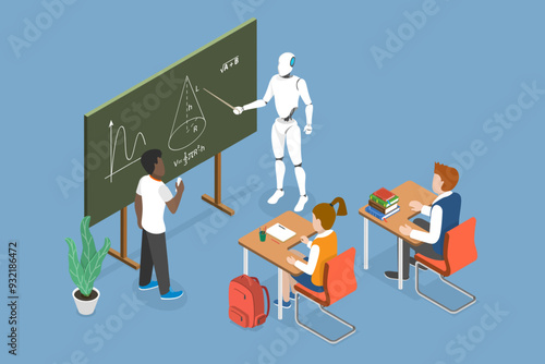 3D Isometric Flat Vector Illustration of Future Education, Collaborative Learning with Robot Teacher and Students in a Classroom