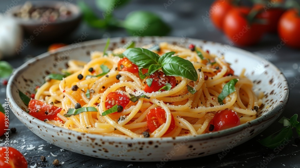 Delicious spaghetti with tomato, basil and pepper served on the ceramic bowl, close-up and selective focus Delicious spaghetti with tomato, basil and pepper served on the ceramic bowl, close-up and selective focus