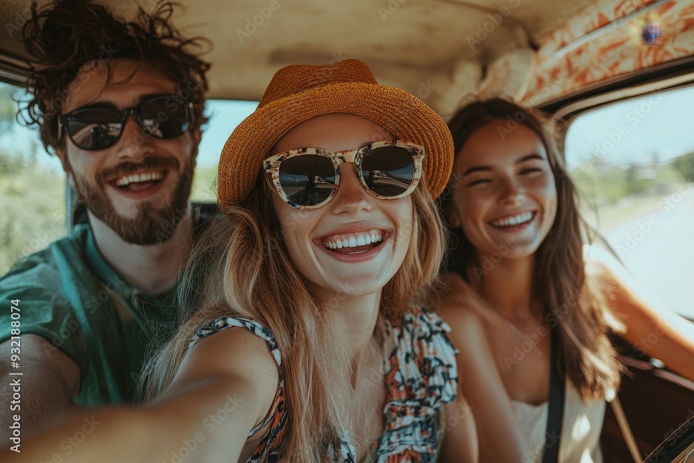 Happy Friends on a Road Trip Adventure - Three friends smiling and enjoying a road trip, symbolizing friendship, adventure, travel, joy, and freedom. Happy Friends on a Road Trip Adventure - Three friends smiling and enjoying a road trip, symbolizing friendship, adventure, travel, joy, and freedom.