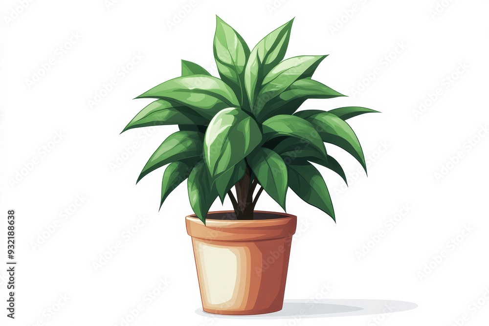Fototapeta premium Lush Green Houseplant in a Terracotta Pot - A vibrant green houseplant with large leaves thrives in a terracotta pot, symbolizing life, growth, and the beauty of nature.
