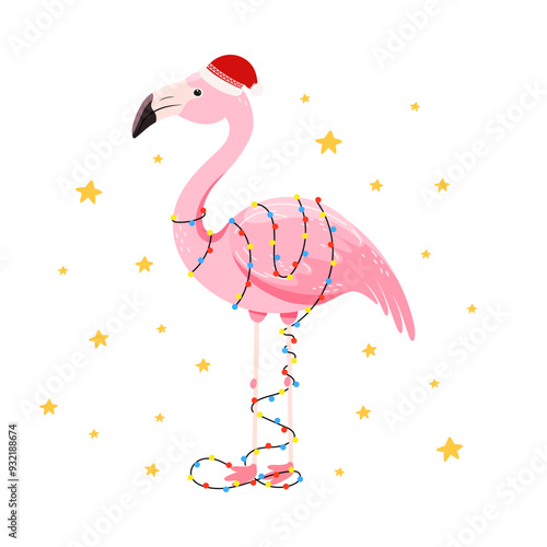 Tropical Christmas and Cute Flamingo in flat style for holiday designs banner, cover, advertisement, greeting card. Vector illustration of Concept of Christmas and New Year