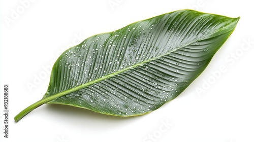 Lush Green Leaf with Dew Drops - Isolated on White Background - A single, vibrant green leaf with delicate dew drops, showcasing natural beauty and freshness. The leaf symbolizes growth, purity, and t photo