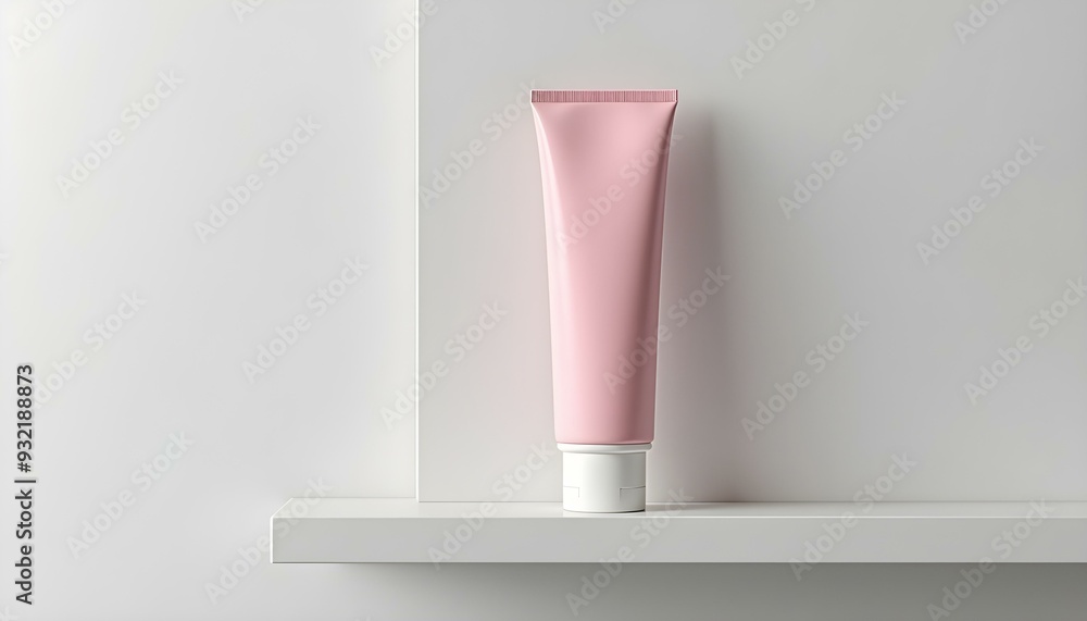 Mockup pink tube, Mockup of toothpaste in a plain pink tube on a bathroom shelf, minimalist bathroom background Mockup pink tube, Mockup of toothpaste in a plain pink tube on a bathroom shelf, minimalist bathroom background