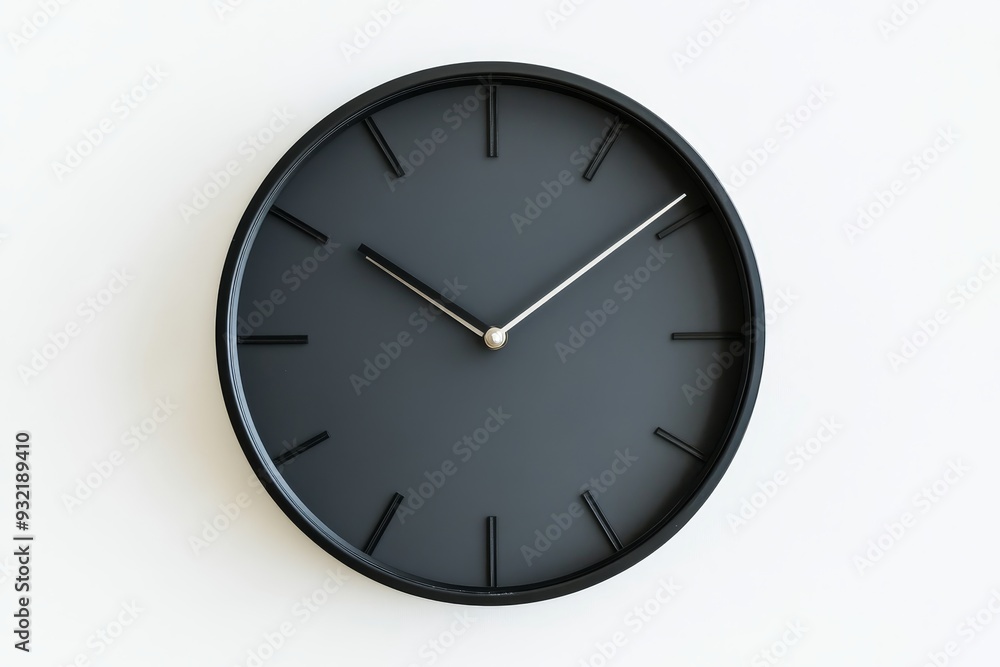 Minimalist Black Clock on White Wall - Time Management Concept - A simple black clock with silver hands, symbolizing time, organization, productivity, efficiency, and minimalism. Minimalist Black Clock on White Wall - Time Management Concept - A simple black clock with silver hands, symbolizing time, organization, productivity, efficiency, and minimalism.