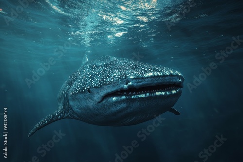 Majestic Whale Shark Swimming Underwater - A whale shark, the largest fish in the world, swims gracefully through the deep blue ocean. The sunbeams filtering through the water illuminate its spotted s