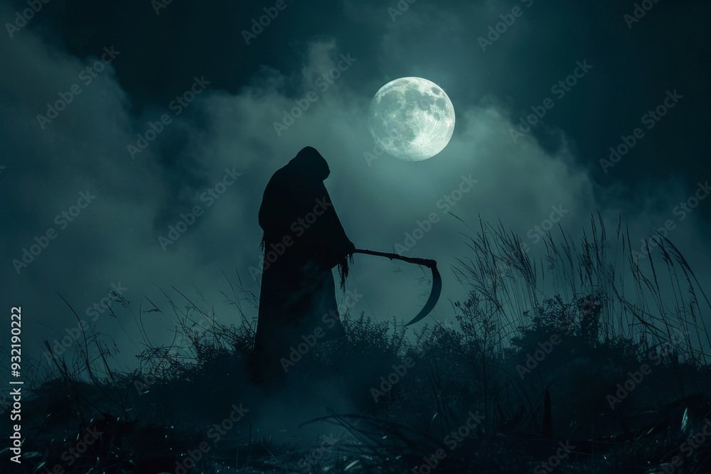 Naklejka premium A person is standing in a field with a large moon in the background