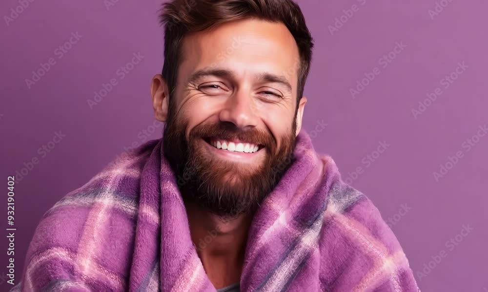 Cheerful young man wrapped in plaid and looking at camera Cheerful young man wrapped in plaid and looking at camera