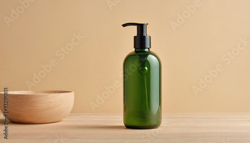Wallpaper Mural mockup of an empty bottle of green facial cleanser, on a beige wooden table with a clean white background Torontodigital.ca