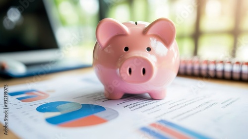 Piggy Bank on Financial Charts: Saving for Success - A pink piggy bank sits atop financial charts, symbolizing saving, financial planning, budgeting, investment, and wealth.